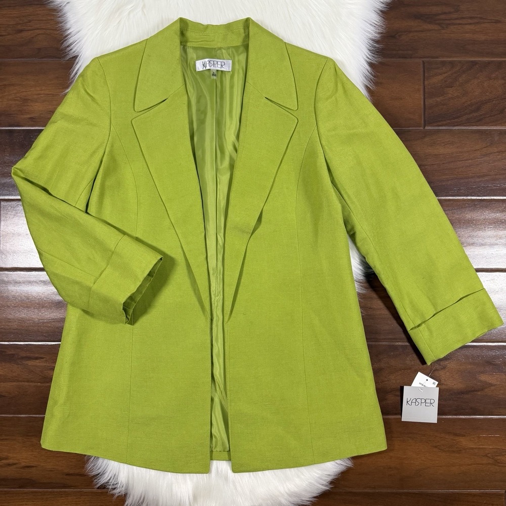 Kasper Women's Size 8 Green Avocado Desert Bloom Open Front Linen Blazer Jacket